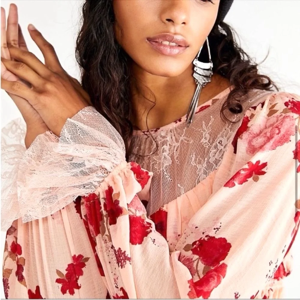 Free People Daphne Floral Lace Peplum Crop Top Peasant Boho Festival Y2K XS